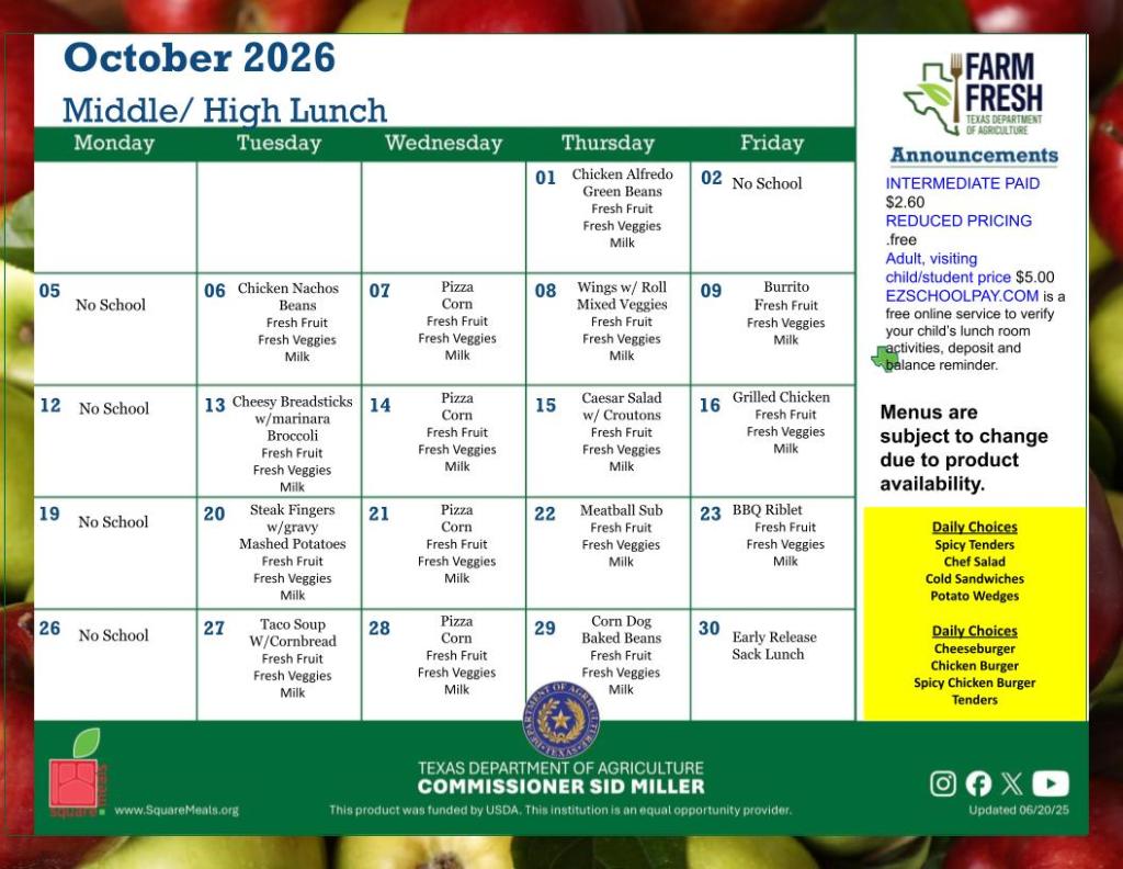 A school lunch menu calendar for October 2026, displaying meals for Monday through Friday.